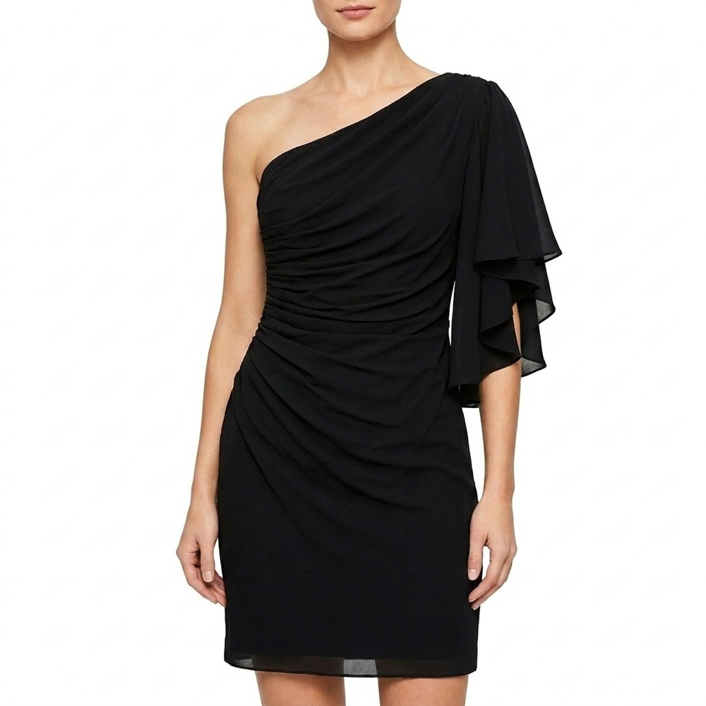 TADASHI SHOJI One-Shoulder Ruched Cocktail Dress Black Women Size 2 Formal Party